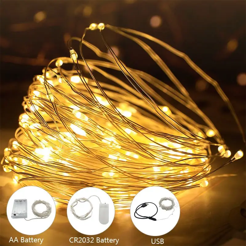 LED String fények 10M 5M 2M Ezüst Drót Garland Haza Karácsonyi Esküvő Party Dekoráció Powered by 5V-os Akkumulátor USB-Tündér fény