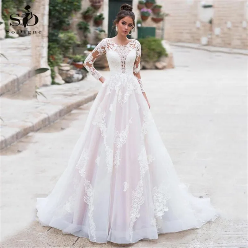 Egy-line Esküvői Ruhák Rózsaszín Hosszú Ujjú Csipke Appliqués Tull Menyasszonyi Ruha Bohém Esküvői Ruha 2020-Ig A Nők vestido de novia