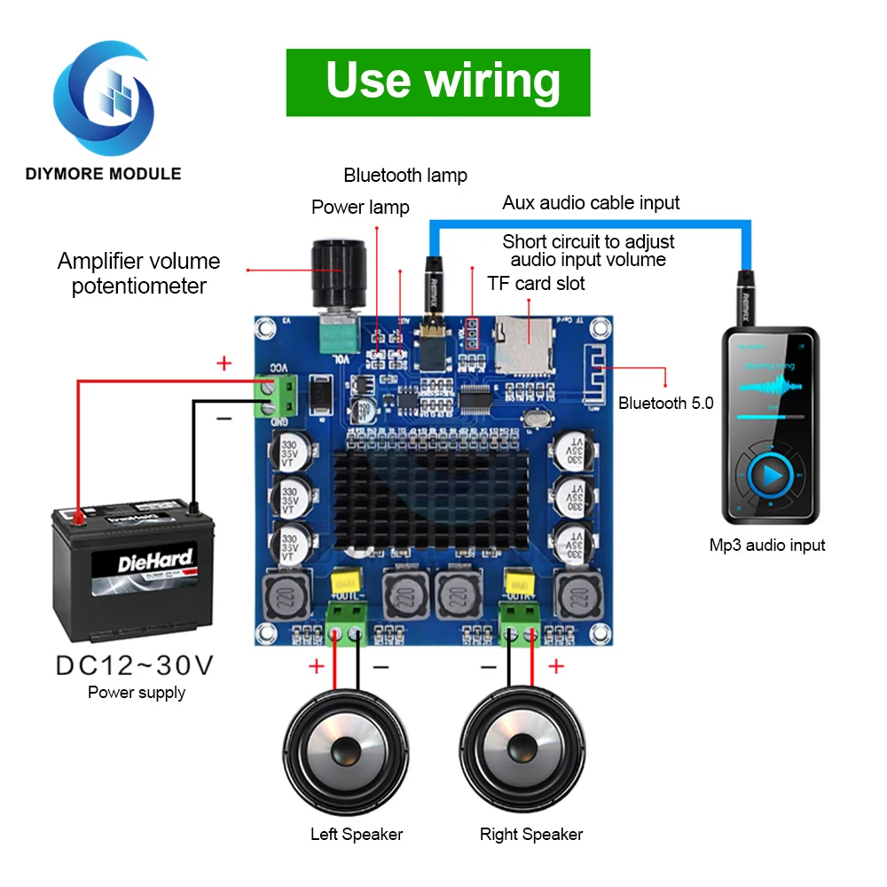 XH-A105 Bluetooth 5.0 TDA7498 Digitális Erősítő Testület 2x100W DC12-24V-os Sztereó ERŐSÍTŐ Amplificador Támogatás TF Kártyával AUX Kép 3 