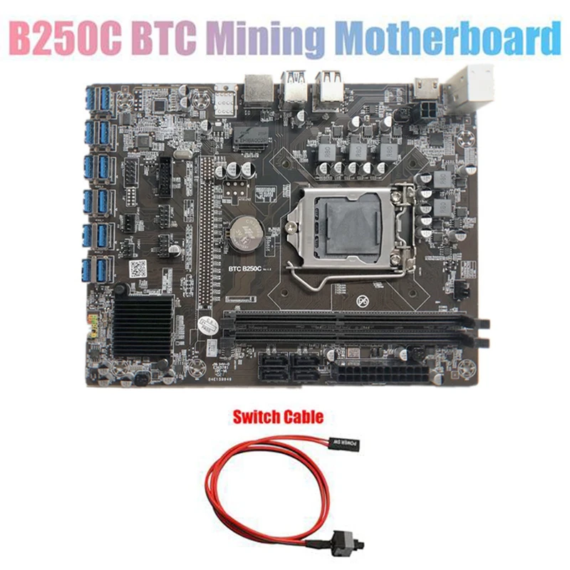 B250C BTC Bányászati Alaplap+Kapcsoló Kábel 12XPCIE, hogy USB3.0 GPU Slot LGA1151 Támogatás DDR4 DIMM RAM Számítógép Alaplap