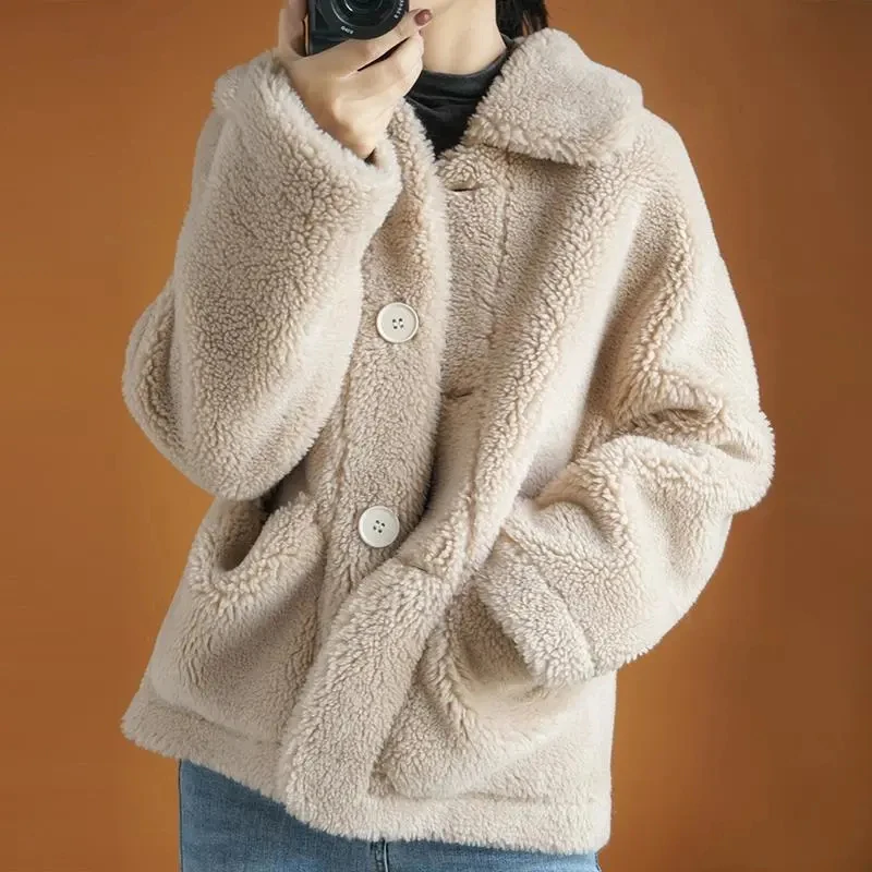 Rimocy 2021 Téli Meleg Bárány Gyapjú Kabát Női 2021 Koreai Kapcsolja Le A Gallér Mackó Kabátok Nő Streetwear Gombot, Szőrme Kabátok
