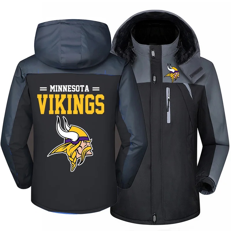 Minnesota Férfiak Vikingek Téli Kabátok Szabadtéri Hood Nyomtatás Sport Ruhákat Szélálló Meleg Plusz Bársony Labdarúgó Cipzár Kabát Kabát