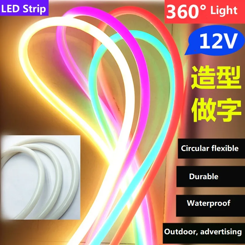 LED-es Flexibilis Neon Lámpa 12V Szivárvány Cső Kültéri Reklám Tábla Írás Vízálló 360 Fokos Kör Led Szalag