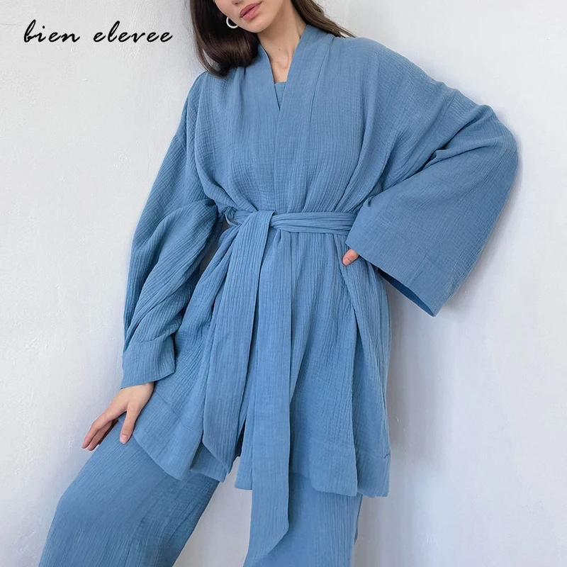 Pamut Pizsama Női Hálóruha 100% Pamut Krepp Fürdőköpeny Szettek Őszi Téli Homewear 2DB Japán Stílusú Kimonó Haza Szolgáltatás