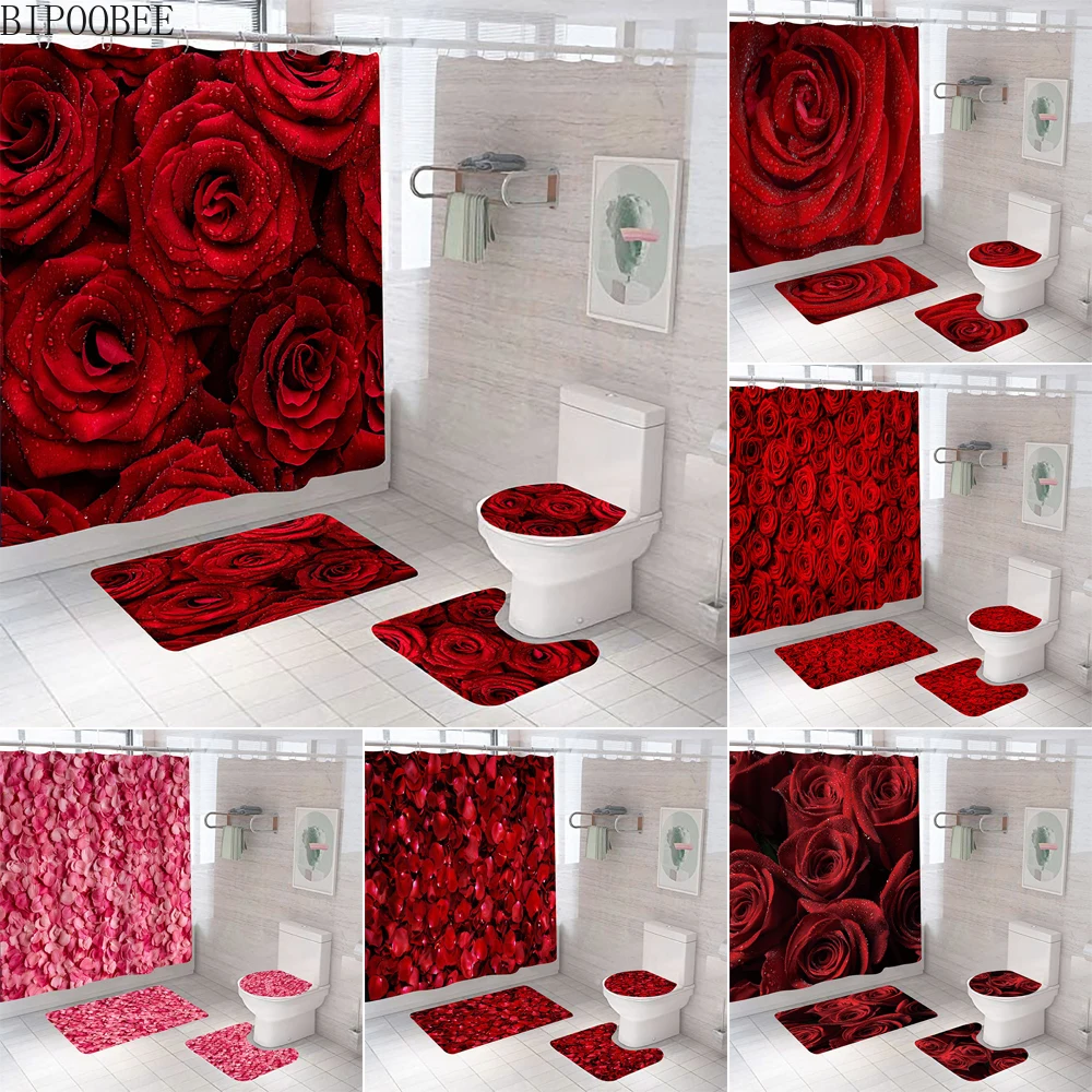 3D-s Rózsa Fürdőszoba Függöny Szett a Gyönyörű Virágokat, csúszásmentes Szőnyeg, Wc Fedél Fedél Fürdő Szőnyeg, Szőnyegek Modern zuhanyfüggöny kampós Kép 0 