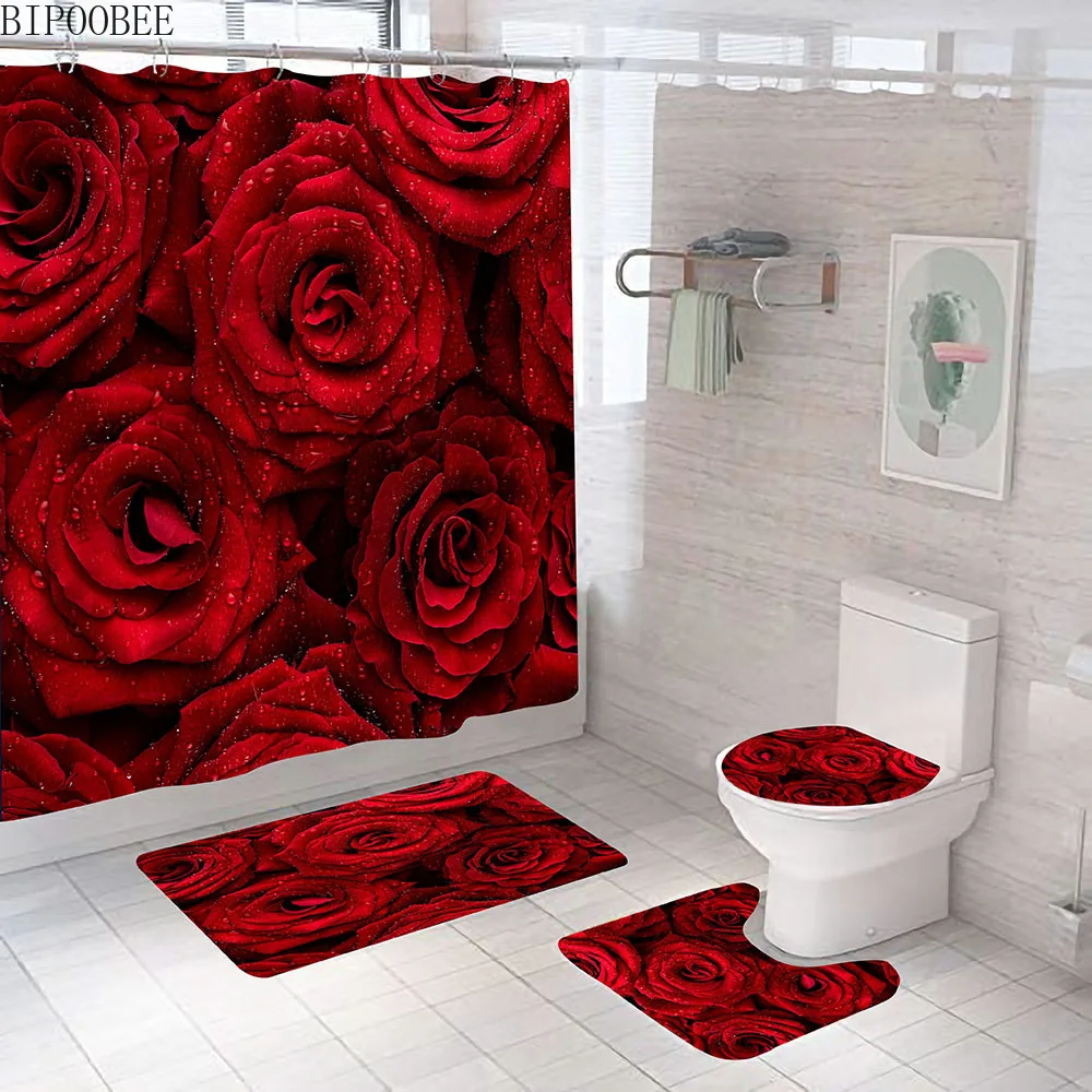 3D-s Rózsa Fürdőszoba Függöny Szett a Gyönyörű Virágokat, csúszásmentes Szőnyeg, Wc Fedél Fedél Fürdő Szőnyeg, Szőnyegek Modern zuhanyfüggöny kampós Kép 1 
