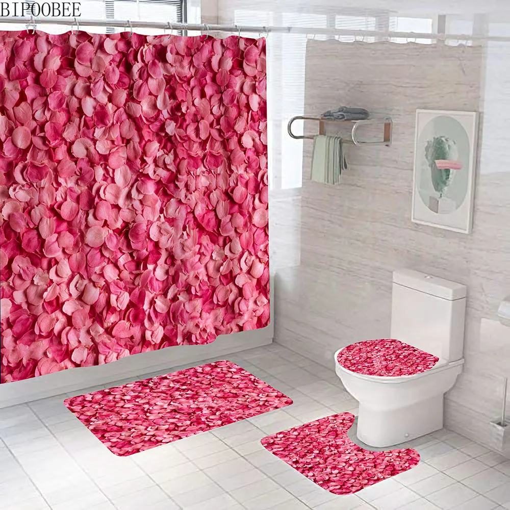 3D-s Rózsa Fürdőszoba Függöny Szett a Gyönyörű Virágokat, csúszásmentes Szőnyeg, Wc Fedél Fedél Fürdő Szőnyeg, Szőnyegek Modern zuhanyfüggöny kampós Kép 3 