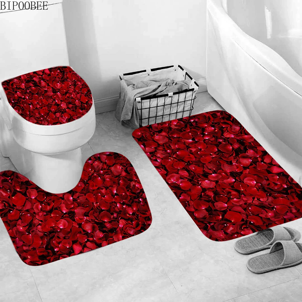 3D-s Rózsa Fürdőszoba Függöny Szett a Gyönyörű Virágokat, csúszásmentes Szőnyeg, Wc Fedél Fedél Fürdő Szőnyeg, Szőnyegek Modern zuhanyfüggöny kampós Kép 5 