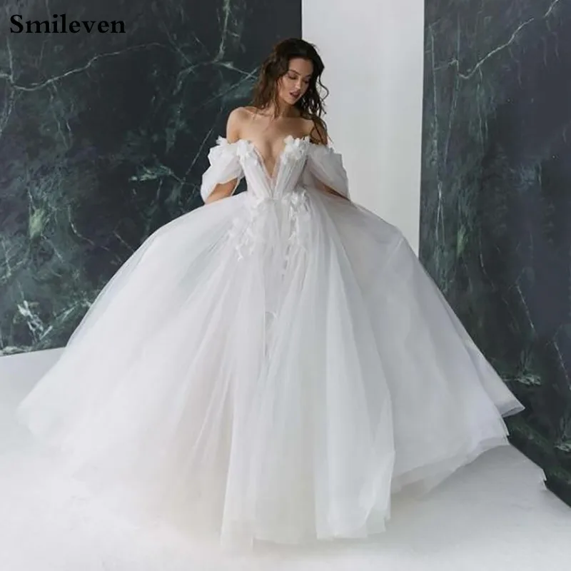Smileven Hercegnő Esküvői Ruha V-Nyak Ball Ruha Puffadt Tüll Menyasszonyi Ruhák 2021 Le A Váll Esküvői Ruhák