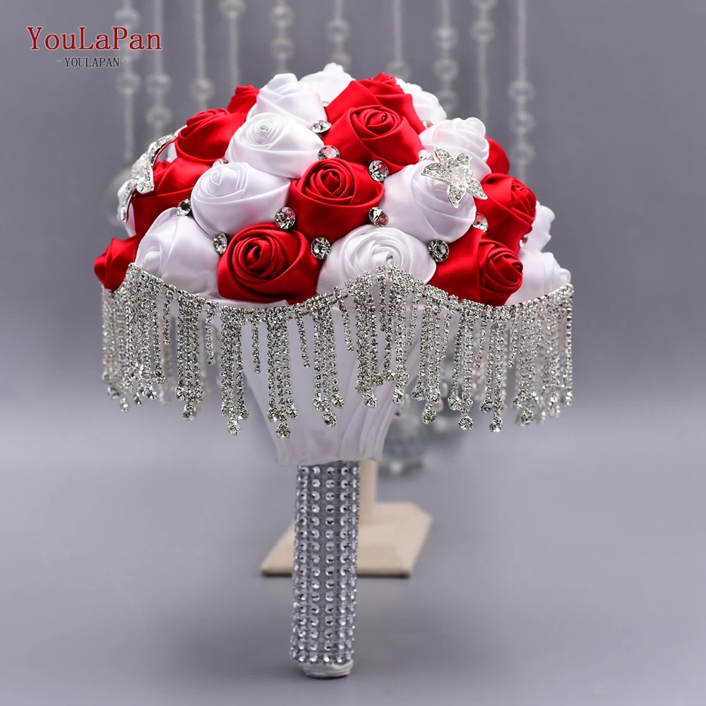 YouLaPan SF4-WRD Gyönyörű Esküvői Virágok, Menyasszonyi Csokrok, Kristály Szikrázik, Vörös Rózsa Menyasszonyi Csokor rendelkezőknek Tassel