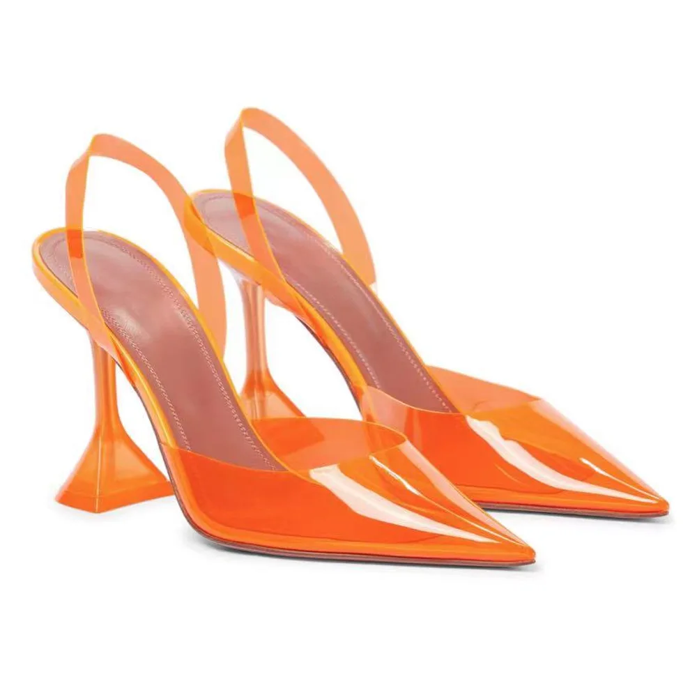 Narancs PVC Kristály Női Szandál Futópálya Strasszos Iránytű Furcsa Slingback Fél Szexi Cipő Hegyes Menyasszonyi Esküvői Cipő