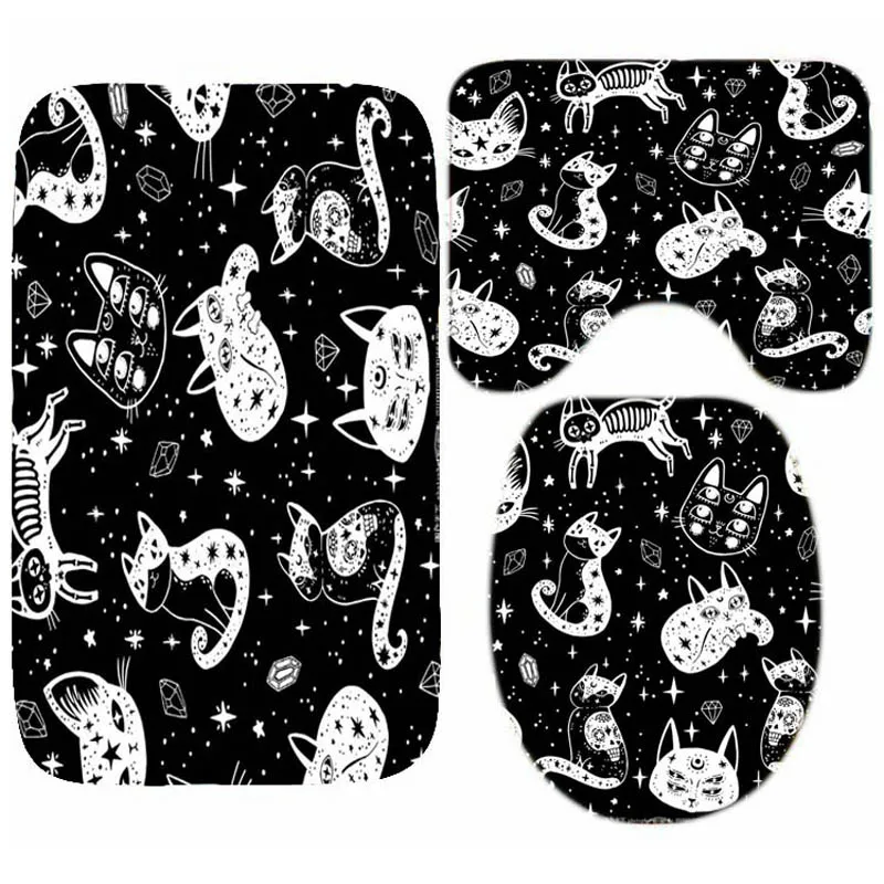 3PCS Fekete-Fehér Gótikus Boszorkány Macskája Szőnyeg Szőnyeg Meghatározott Fürdőszoba Halloween Csontváz, Koponya Macskák Fürdőszoba Wc Szőnyeg Fedél Fedél