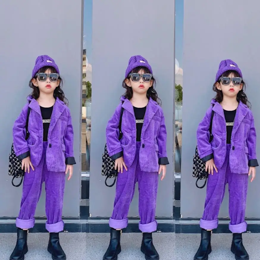 kicsi lány, a fiúk melegítőben 2021spring őszi új kordbársony gyerekek divat lila ruha tini iskola kabát + nadrág 2db ws1960