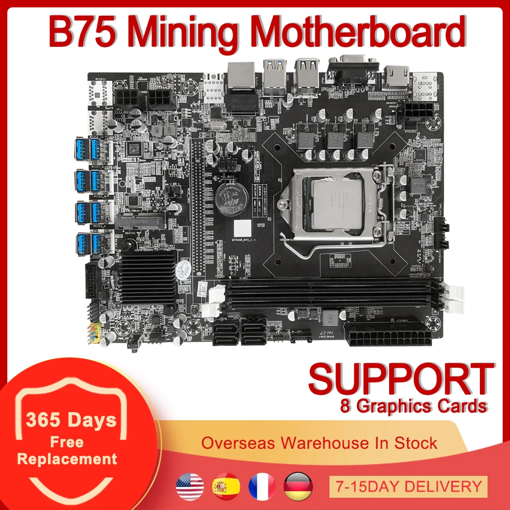 B75 Bányászati Alaplap 8 USB 3.0 PCIe X16 PCI-E 16X Grafikus Kártya LGA 1155 CPU, DDR3 SATA HDMI Bitcoin BTC ETH Bányász