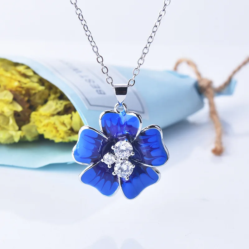 Új Virágszirom Kék Zománc Ezüst Medál, Nyaklánc, Női Klasszikus Divat Fehér Cirkon Kulcscsont Lánc Amulett Nyaklánc