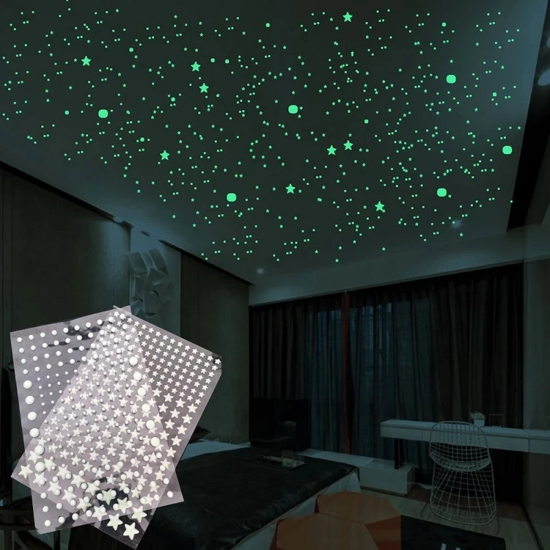 Világító 3D Csillagok Pontok Fali Matrica Gyerekeknek Szoba Hálószoba lakberendezési Világít A Sötét Hold Matrica Fluoreszkáló DIY Matricák