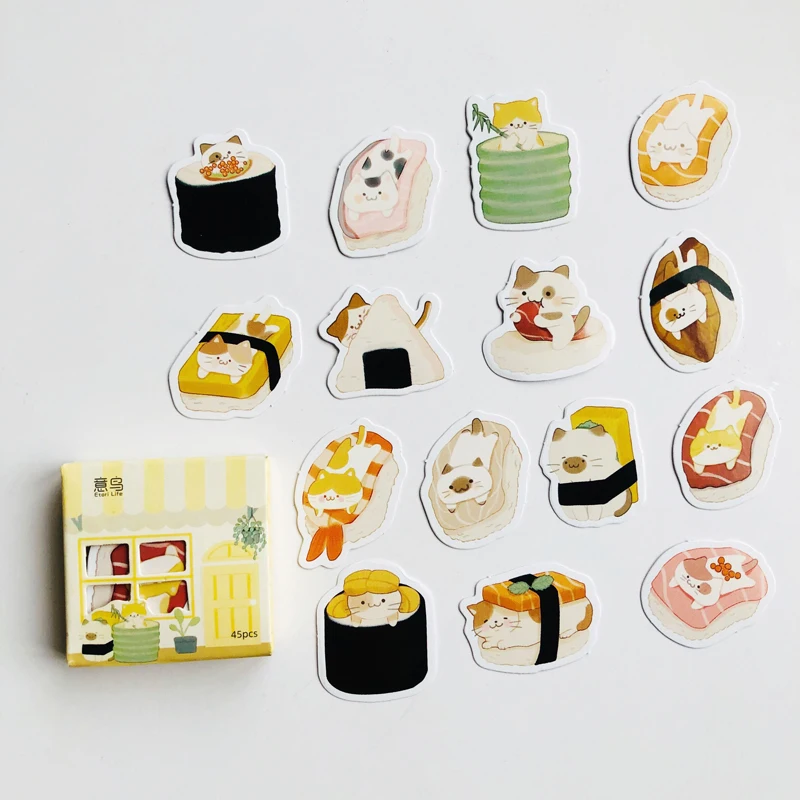 45 db /Csomag Aranyos Macska Love Sushi Élelmiszer Papír Dekorációs Matricák Stick Címke