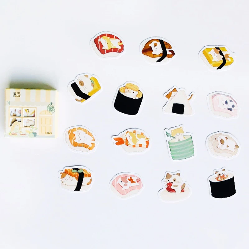 45 db /Csomag Aranyos Macska Love Sushi Élelmiszer Papír Dekorációs Matricák Stick Címke Kép 1 