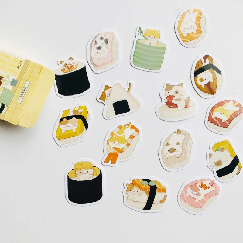 45 db /Csomag Aranyos Macska Love Sushi Élelmiszer Papír Dekorációs Matricák Stick Címke Kép 2 