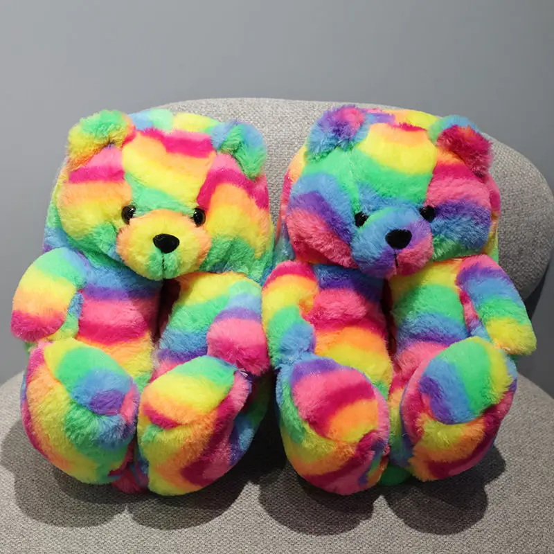 Szivárvány Medve Teddy Cipők kiváló Minőségű Női Állat a Medve Bolyhos Papucs Női Tervező Szőrös Teddy Bear Papucs