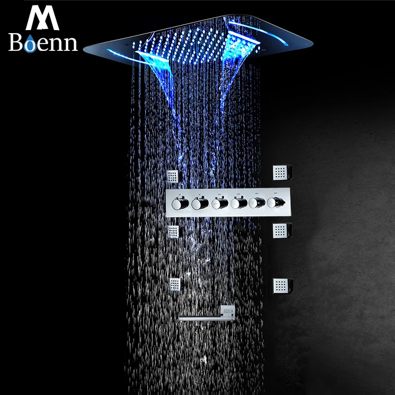 M Boenn Zuhany Rendszerek Fürdőszoba Zuhany Csaptelep Csapadék Zuhany Beállított Termosztatikus Keverő Fürdő Érintse meg a Vízesés Beépített LED Zuhanyfejek