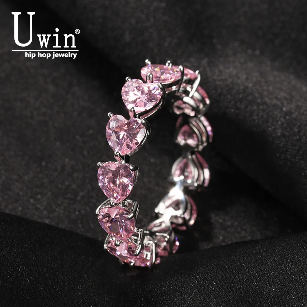 UWIN 5mm Szív Gyűrű Esküvői Teljes Bling jégre, Rózsaszín Kocka Cirkon AAA Gyűrűk Luxus Divat Hiphop Ékszer Ajándék Csepp Szállítás
