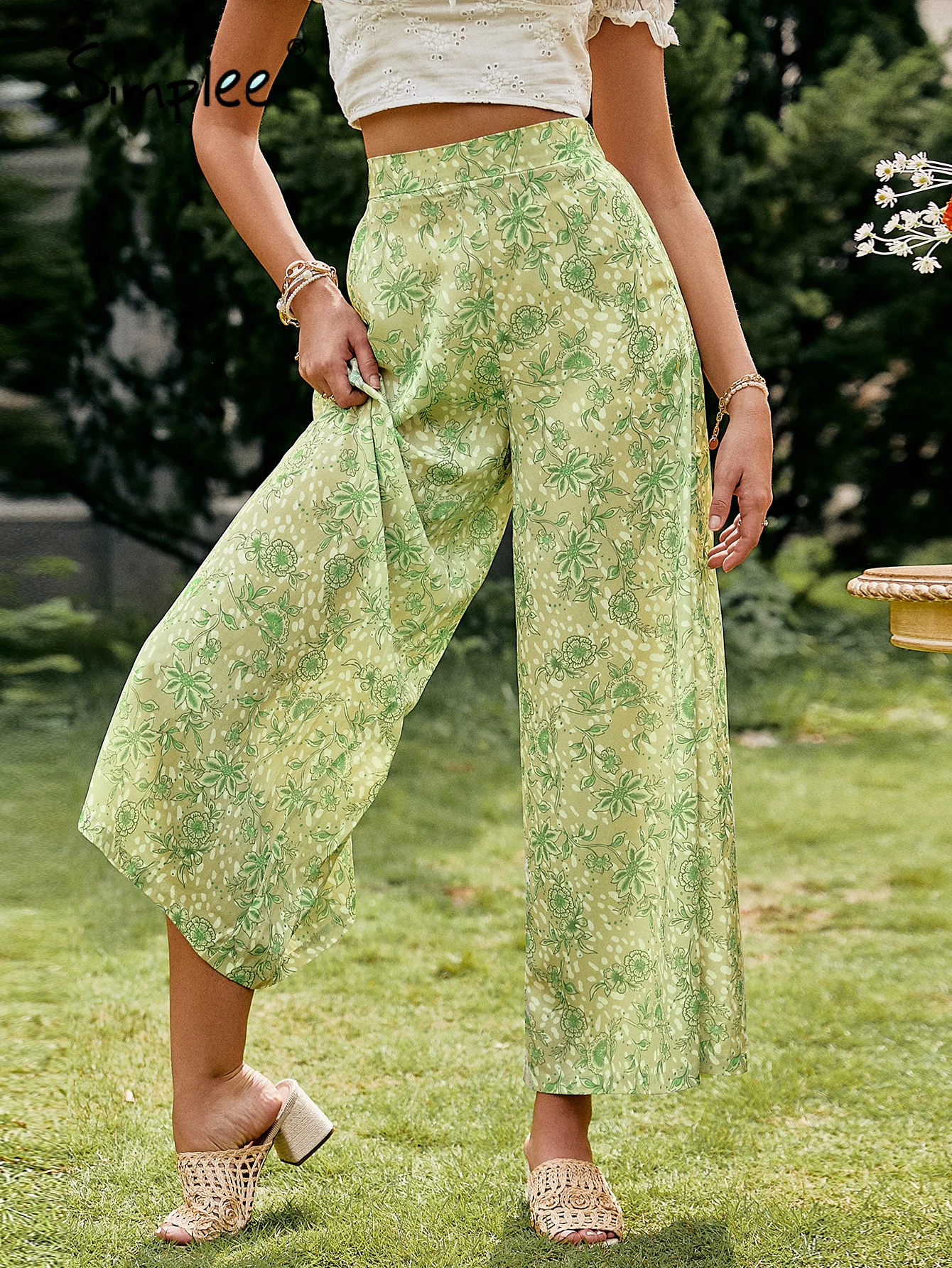 Simplee Virágos ünnepi fény zöld nők széles láb nadrág Laza ok-okozati magas derék női nadrág Cipzárja vékony nyári beach fenéktermékek