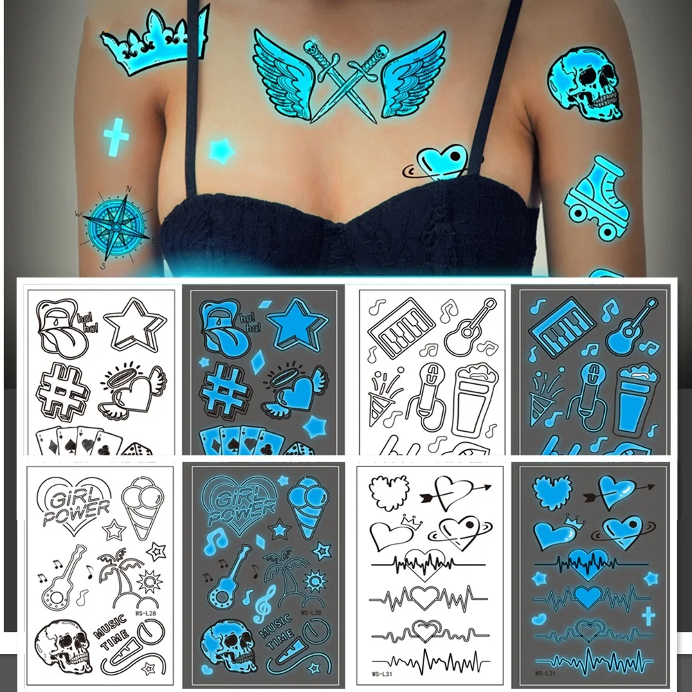12 féle Új Kék Fénnyel Világító Tetoválás Ideiglenes Felnőtt Férfiak Nők Body Art Noctilucent Matrica Eldobható Szórakozóhely, Party Smink