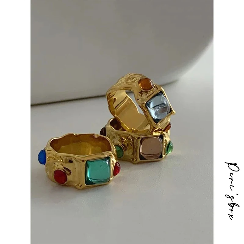 Peri'sbox Vintage Arany Színes Üveg Vaskos Gyűrű Hölgy Szokatlan Nagy Széles Szabálytalan Fém Gyűrűk Nők Designer Ékszerek