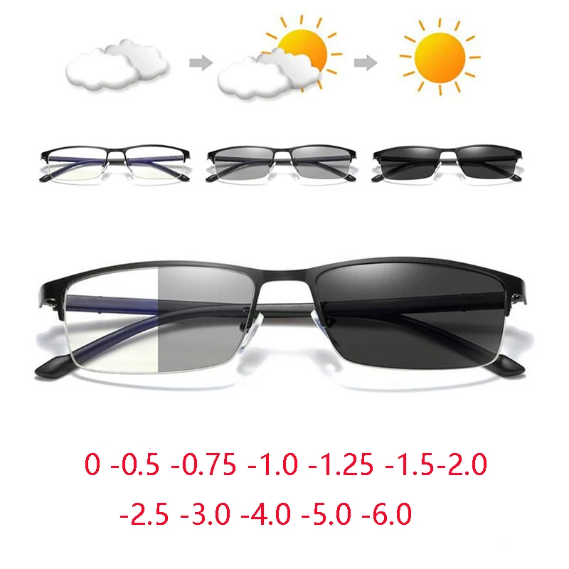 TR90 Félig Keret nélküli Tér Rövidlátás Photochromic Szemüveg Férfiak Rövidlátó Szemüveget A Rövidlátó 0-0.5-Re -0.75, Hogy -6.0