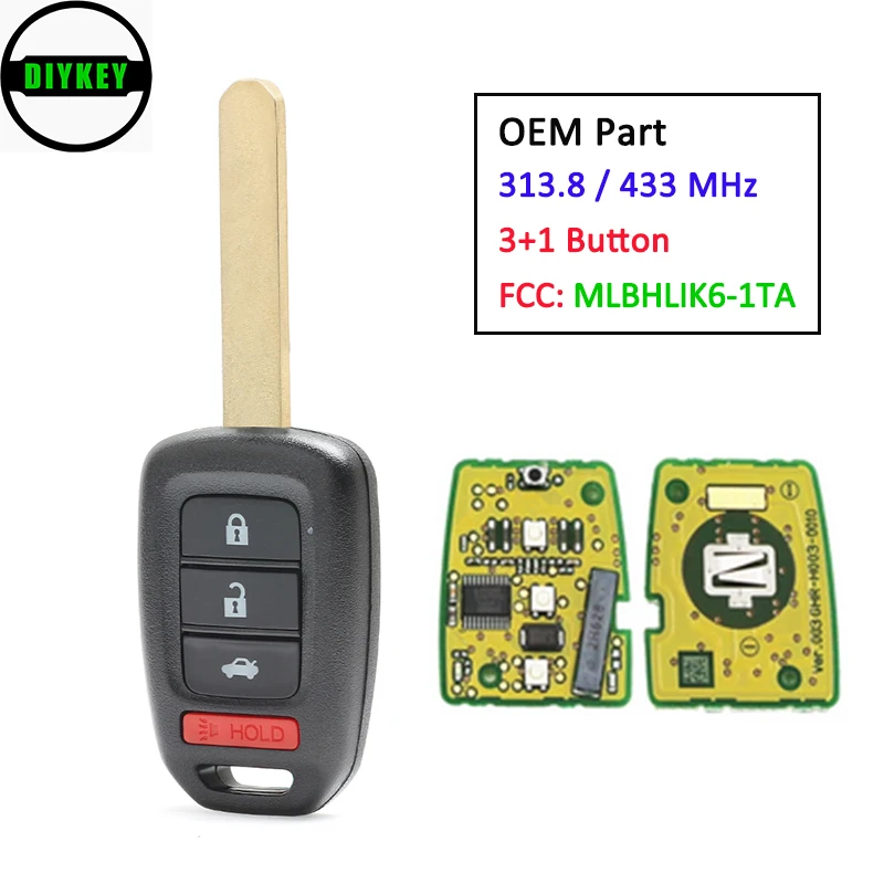 DIYKEY OEM Okos Távoli Kocsi Kulcsot, 3+1 Gombot 313.8 MHz / 433MHz ID47 Chip 2013-2016 Honda Accord, Civic FCC ID:MLBHLIK6-1T