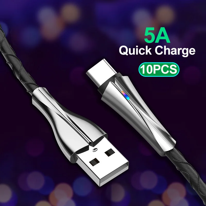10db 5A Quick Charge USB-C Kábel-Gyors Töltés LED Fény C Típusú Kábel Támogatás Adatátvitel Cink Ötvözet Ház 1m Hosszú