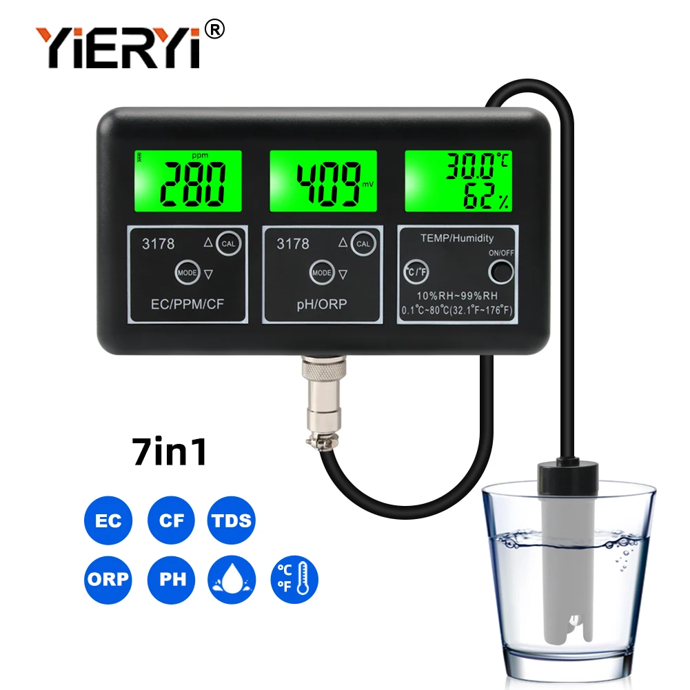 Yieryi 7 az 1-ben többfunkciós vízminőség Monitor Digitális PH/ORP/TDS/EC/CF/Hőmérséklet/Páratartalom Mérő, Akvárium Úszás Ivás