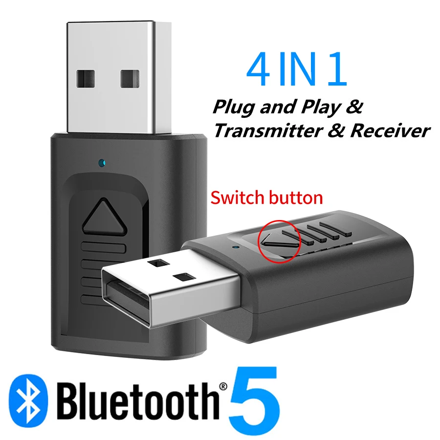 Bluetooth 5.0 Adapter USB-4 1 3,5 mm-es AUX BT USB Audio Transmiitter Vezeték nélküli Sztereó Adapter Autós TV-Hangszóró USB Vevő