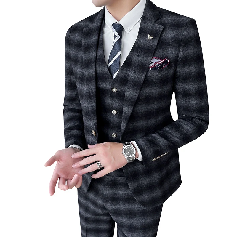 2021Jacket+mellény+nadrág Új őszi-téli férfi öltöny koreai stílus vékony kockás öltöny