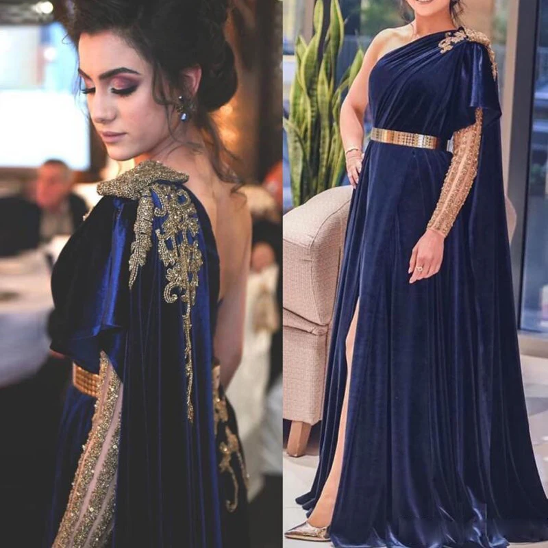 платье sötétkék Dubai Estélyi Ruha Hosszú-Line Bársony Formális Ruha Arany Öv Egy Váll Láb Split új Design, Új Báli Ruhák