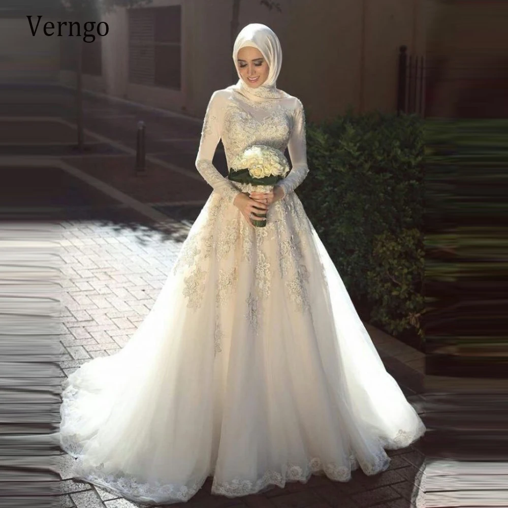 Verngo Vintage Hosszú Ujjú Muszlim Esküvői Ruha Magas Nyakú Csipke Rátét Tulle Egy Sort 2021 Arab Menyasszony Ruhák A Hidzsáb Fátyol