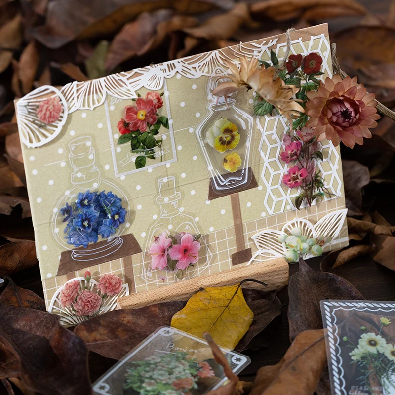 PET matrica táska természetes messenger sorozat retro irodalmi virág kezét fiók anyag, dekorációs matrica 60 db 6 típusú Kép 1 