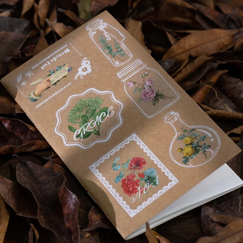 PET matrica táska természetes messenger sorozat retro irodalmi virág kezét fiók anyag, dekorációs matrica 60 db 6 típusú Kép 2 