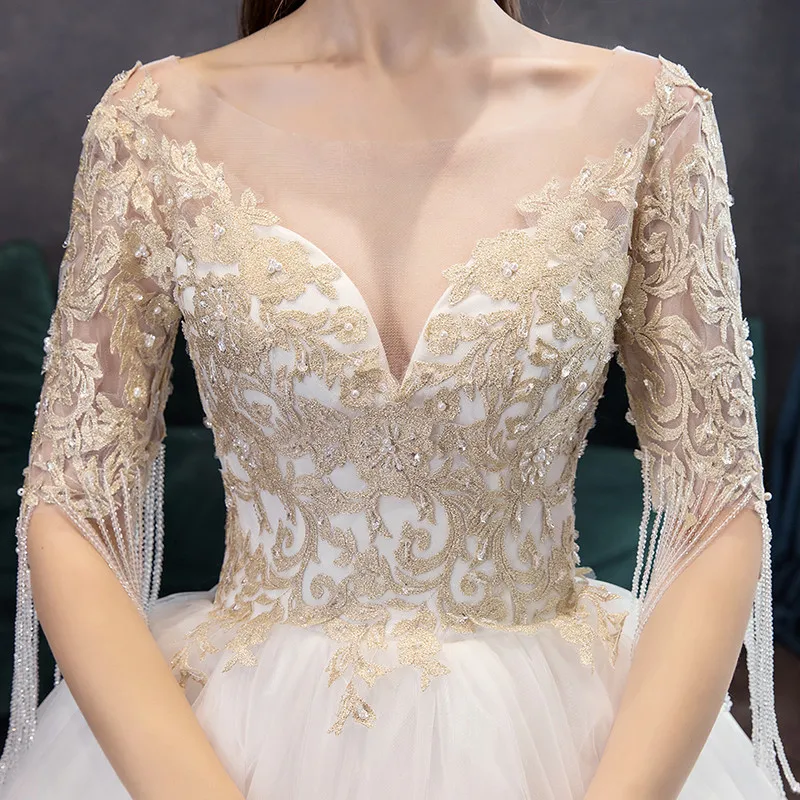 2021 Elegáns, V-nyakú Esküvői Ruha Fél Ujjú Esküvői Ruha Vestido De Noiva Luxus Pezsgő, Csipke, Hímzés, Gyöngyös Menyasszony Ruha Kép 4 