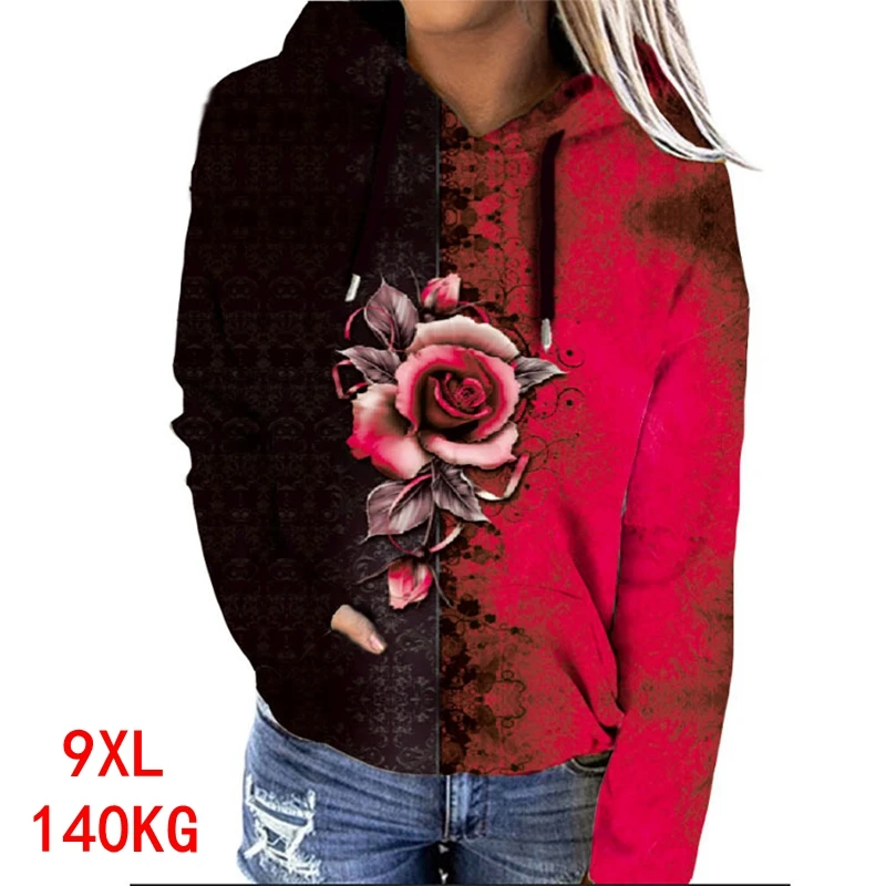 Nagy női Kapucnis virág panel kontraszt 9xl 140kg plus size 7XL 8xl őszi hosszú ujjú, laza Pulóver, fekete, piros, nagy jack