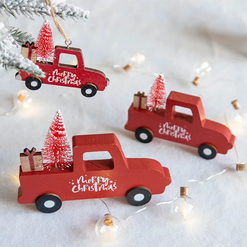Skandináv fa medál piros asztali díszek fából készült kocsi medál díszek, karácsonyfa díszek, karácsonyi ajándék