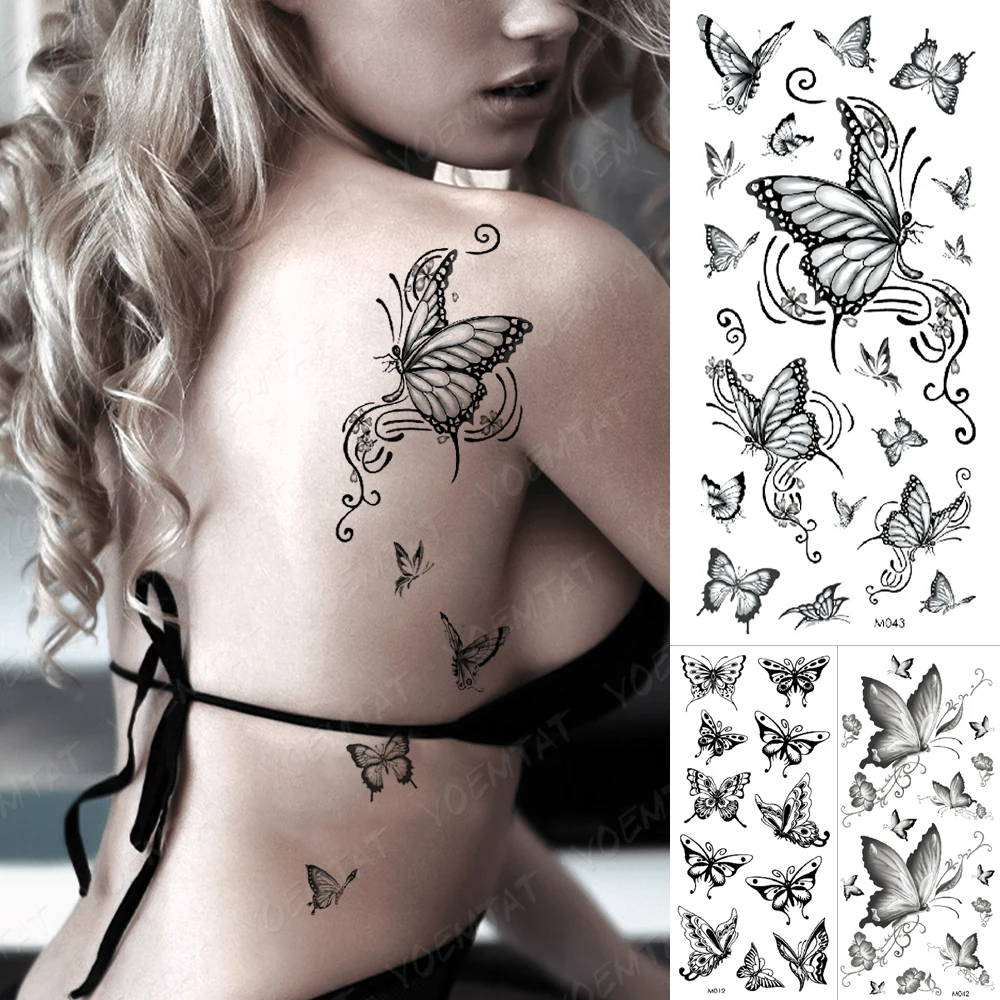 Vízálló Ideiglenes Tetoválás Matrica Reális Vázlat Pillangó Hamis Tatto Flash Virág Tetoválás Body Art 3d Lány Nők