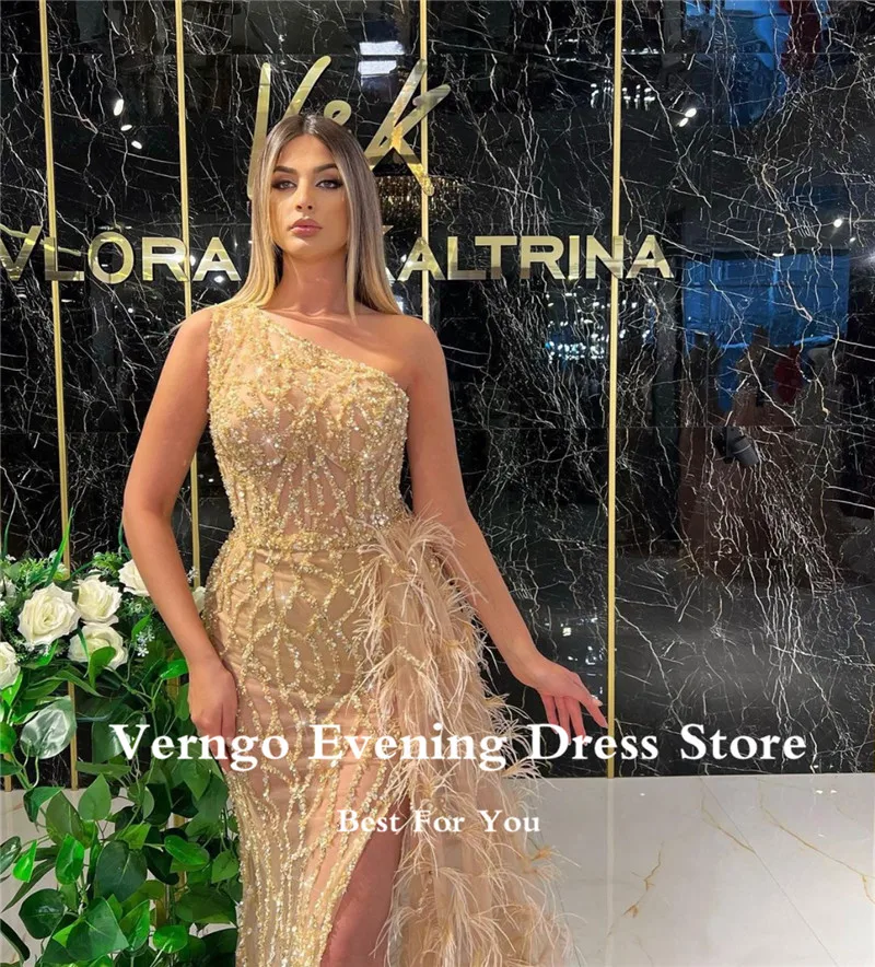 Verngo Luxus Dubai Nők Pezsgő Hosszú Estélyi Ruha, Csipke, Gyöngyök, Tollak Báli Ruhák Egy Váll Vágott Különleges Alkalom Ruha Kép 1 