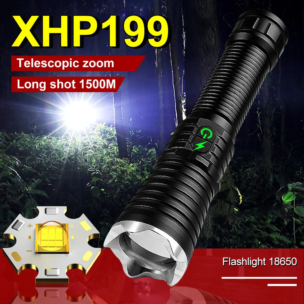 XHP199 Erős Lámpa 4 Fény Mód High Power LED Zseblámpa ZOOM Újratölthető Taktikai Elemlámpa 18650 USB Kemping Lámpa