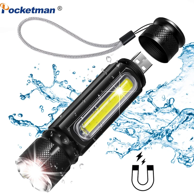 Erős Többfunkciós LED-es Lámpa USB Újratölthető akkumulátor T6 fáklya Oldalon COB Fény linterna farok mágnes Munka Fény