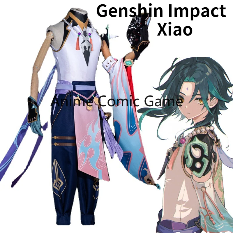 Genshin Hatása Xiao Cosplay Cipő, Paróka Cosplay Vegyes Sötét Zöld Kék Rövid Haj Genshin Hatása Xiao Jelmezek Halloween Szerepjáték